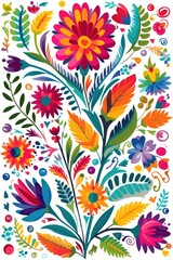 A white background with Mexican floral pattern in colors. (Generative AI)