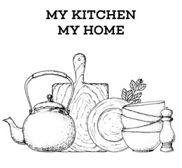 Composition of kitchen utensils. Kitchenware vector illustration. Kitchen utensils hand drawn sketch. Plates, cutting board, kettle, stewpot, frying pan.