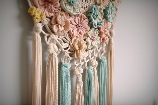 DIY macrame wall hanging with flowers, pastel colors. Boho style home decor. Generative AI