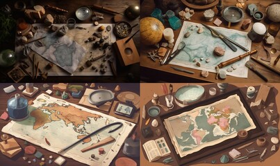  two pictures of a table with a map and other items.  generative ai