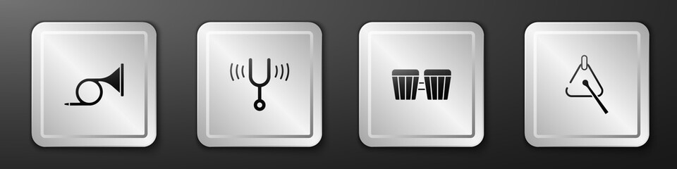 Set Trumpet, Musical tuning fork, Drum and Triangle icon. Silver square button. Vector