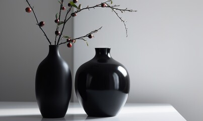  a couple of black vases sitting on top of a table.  generative ai