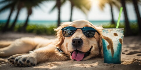 Golden Retriever dog is on summer vacation at seaside resort and relaxing rest on summer beach of Hawaii Generative AI - obrazy, fototapety, plakaty