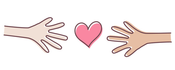 Two hands uniting with heart in the center. Vector drawing doodle icon illustration. Teamwork, partnership, charity, friendship and romance