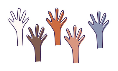 Volunteers and charity work. Raised helping hands. Vector icon background banner illustrations with a crowd of people ready and available to help and contribute.