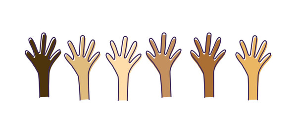 Volunteers and charity work. Raised helping hands. Vector icon background banner illustrations with a crowd of people ready and available to help and contribute.