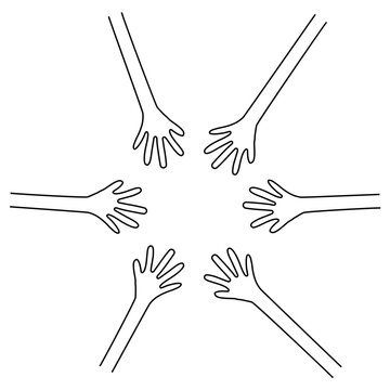 Different Hands Uniting And Coming Together. Vector Drawing Doodle Icon Illustration. Teamwork Partnership