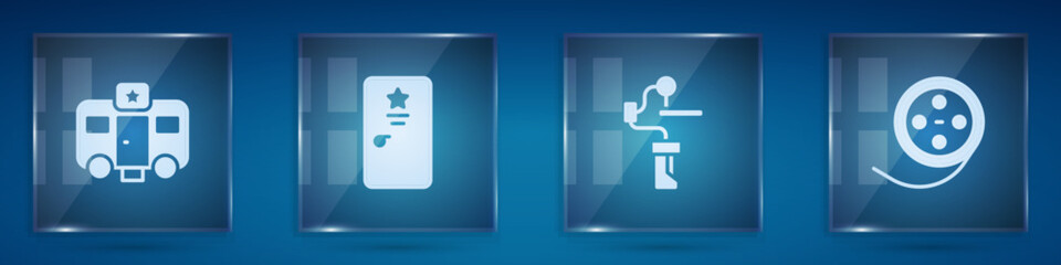 Set Actor trailer, Backstage, Gimbal stabilizer for camera and Film reel. Square glass panels. Vector