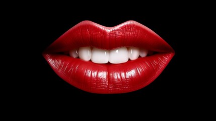 Female glossy red lips and teeth. Made with Generative AI.