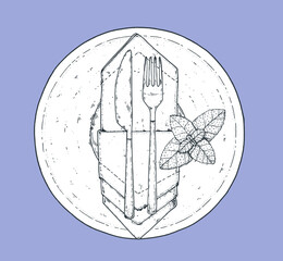 Cutlery set. Plate with napkin, fork and knife sketch. Top view. Hand drawn vector illustration. Vintage sketch. Table setting.