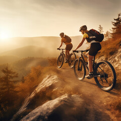 Two women on mountain bikes are riding in the mountains. Sunset. Generative AI