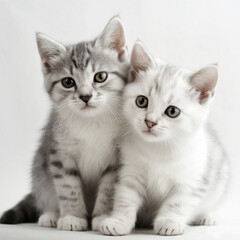 Two white and grey cats seat on a white background. Generative AI