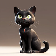 A cute cartoon black kitten with green eyes Close up Generative AI