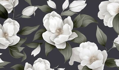 a white flower with green leaves on a black and white background.  generative ai