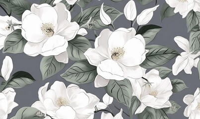 Fototapeta premium a white flower on a gray background with leaves and buds. generative ai
