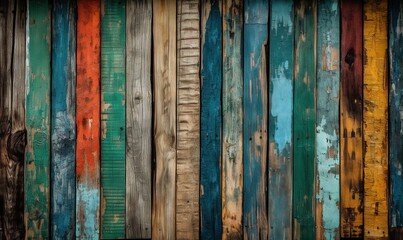  a wooden wall with different colored boards painted on it's sides.  generative ai