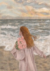 A woman running along the seashore. Modern Boho Pink Sea with Waves Art Print. Abstract Minimal Background. Bohemian printable wall art, boho poster, pastel abstract art, landscape drawing - 602713985