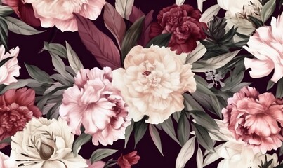  a bunch of flowers that are on a black background with leaves.  generative ai