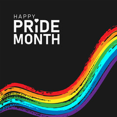Happy pride month paper text and rainbow gradient brush strokes on black background. Human rights or diversity concept. LGBT event banner design. Vector illustration - obrazy, fototapety, plakaty