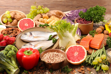 healthy food selection- fruit, vegetable, fish