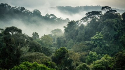 Theme climate change and renewable energy. Rainforest landscape with trees and fog.  Generative AI