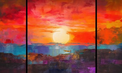  a painting of a sunset over a city with a red sky.  generative ai