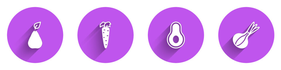 Set Pear, Carrot, Avocado fruit and Onion icon with long shadow. Vector
