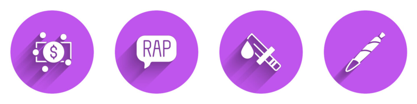 Set Stacks paper money cash, Rap music, Bloody knife and Marijuana joint, spliff icon with long shadow. Vector