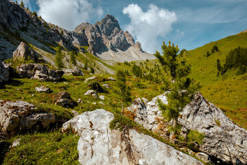 landscape with mountains, clouds, rocks and trees