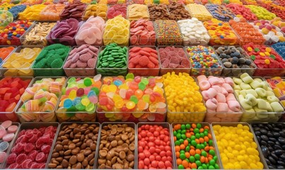  a large display of different types of candy in plastic containers.  generative ai
