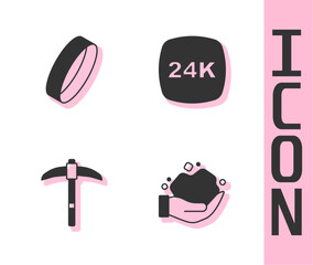 Set Gold nugget, ring, Pickaxe and bars 24k icon. Vector