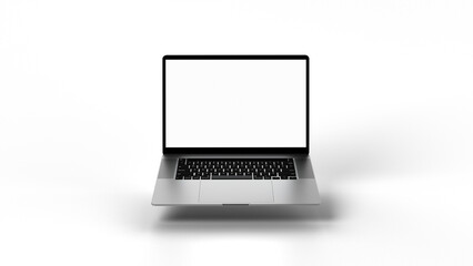 Modern, aluminum laptop hovering with shadow. Transparent display for content replacement. Possible use cases: commercials, mockups, app show cases, advertising