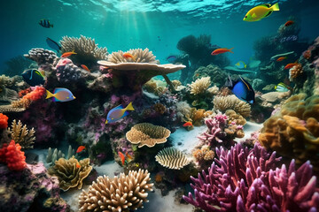 Naklejka na ściany i meble Underwater Coral Reef: An underwater photograph showcasing the vibrant colors and diverse marine life of a coral reef ecosystem.