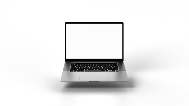 Modern, aluminum laptop hovering with shadow. Transparent display for content replacement. Possible use cases: commercials, mockups, app show cases, advertising