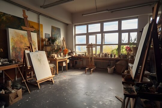 interior of artists studio with painting equipment and tools, ai generated image
