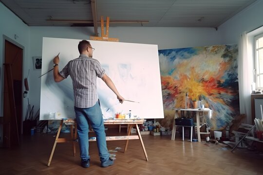 the artist is working on a new painting masterpiece in his studio,  ai tools generated image