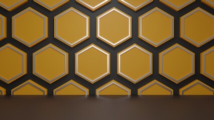 Scenery wall pattern hexagon yellow and black design minimal room 3d render