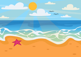 Fototapeta na wymiar Summer landscape. Beautiful background. Ocean or sea, sandy beach, sky, sun and clouds. Vector graphic.