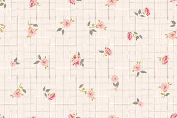 Ditsy flower pattern on grunge checkered background