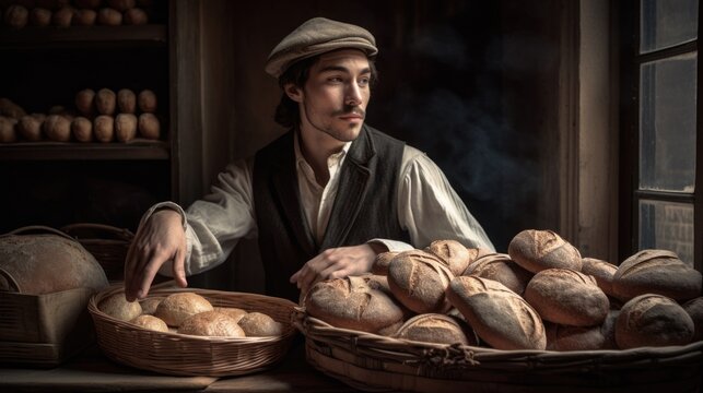 A man holding bread and rolls in front of a bakery. Generative AI AIG21.
