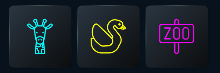 Set line Giraffe head, Zoo park and Swan bird. Black square button. Vector