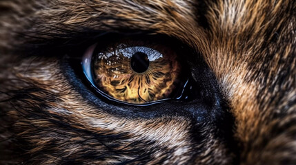 Beautiful eye portrait of a majestic lion, Generative AI