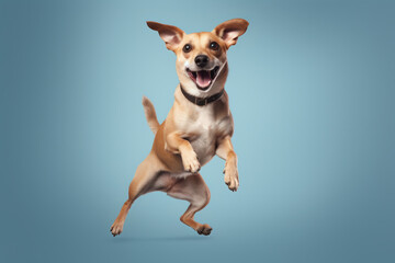 Happy dog ​​jumping on a blue background. 
Great concept for banners for petshops and virtual stores in the pet niche. Generative AI