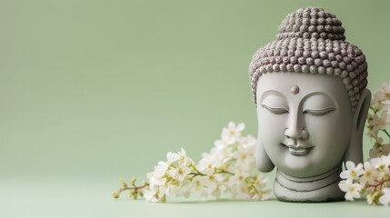 Buddha statue head profile with spring flowers. Generative ai