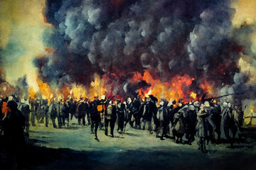 Płonące miasto podczas drugiej wojny światowej - obrazy, fototapety, plakaty