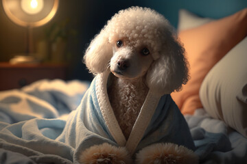 White poodle in a cozy bathrobe lounging in the bedroom. Generative AI - obrazy, fototapety, plakaty