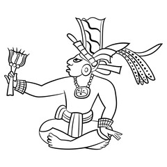 Sitting ancient Mayan man holding a flower. Ethnic Native American art. Black and white linear silhouette.