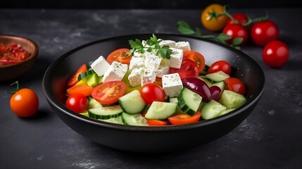 Feta cheese and vegetables - tomatoes and cucumbers in a plate. Light  salad. Generative ai