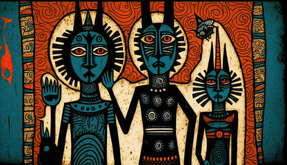 Generative AI illustration of art brut style image of groups of very stylized faces and people