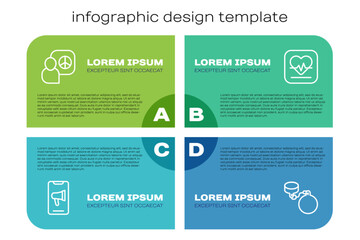 Set line Protest, Peace talks, Ball on chain and Heart rate. Business infographic template. Vector